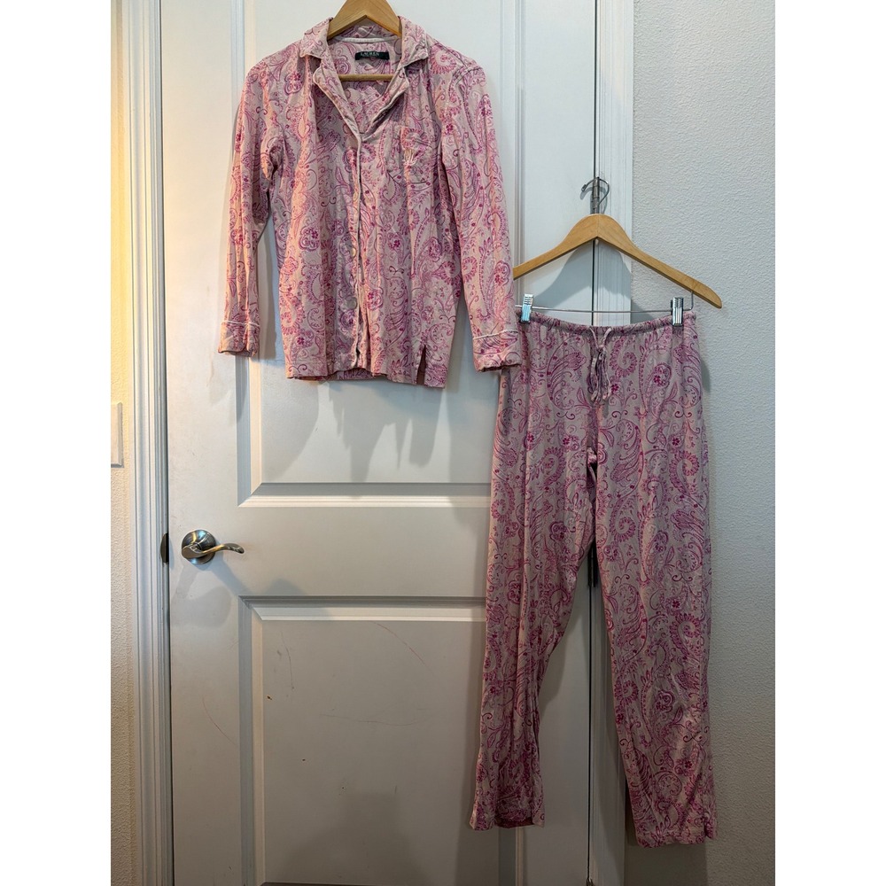 Lauren Ralph Lauren Pink Paisley Cotton Pajama Set Top Pants LRL Logo Womens